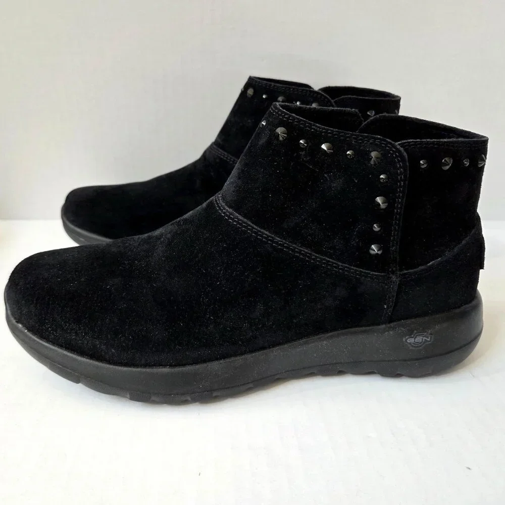 Skechers Boots Womens 9.5 Black Suede On the Go Walk Joy Studded Ankle Booties